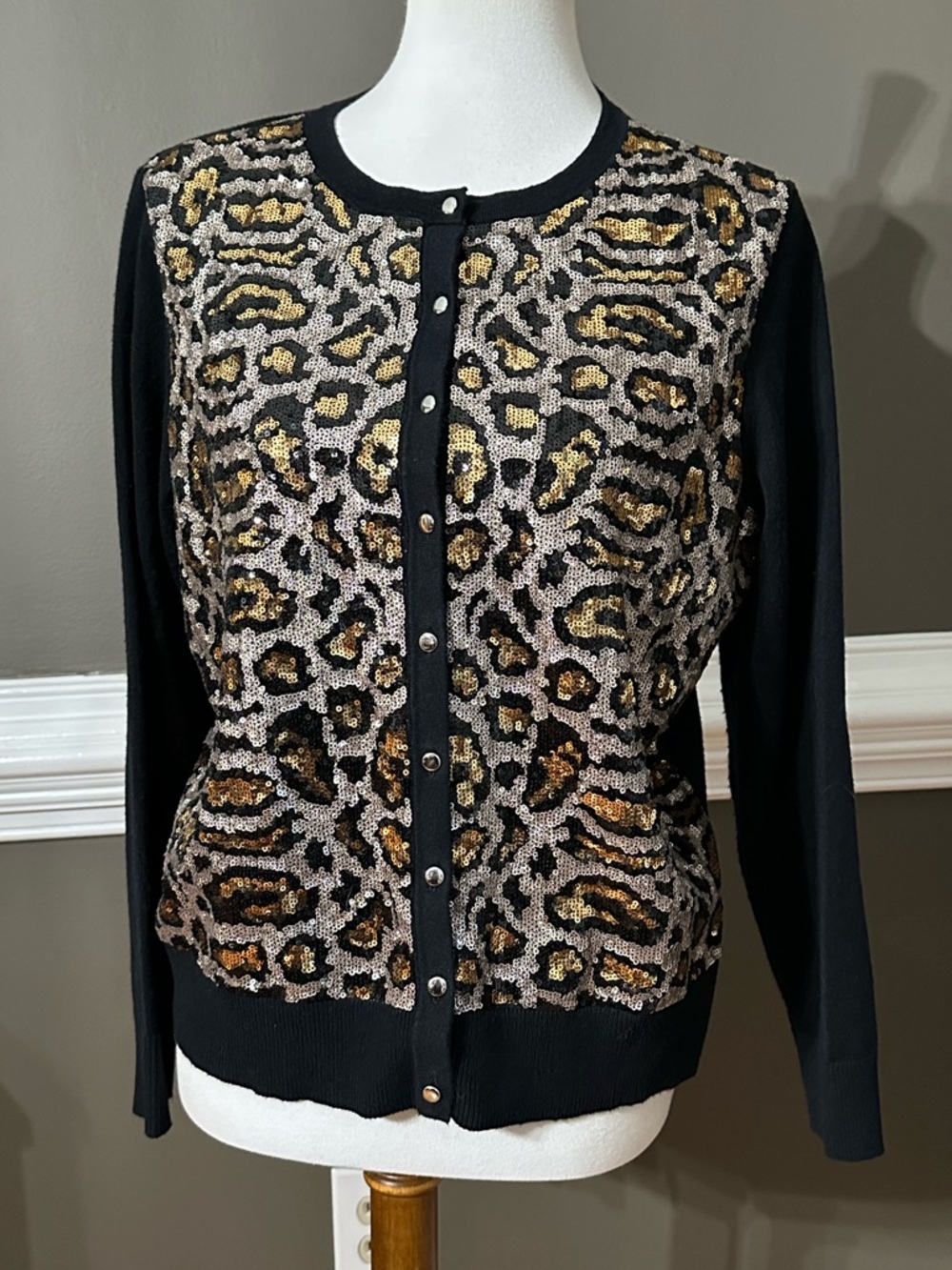 JM Collection Black Leopard Sequin Cardigan